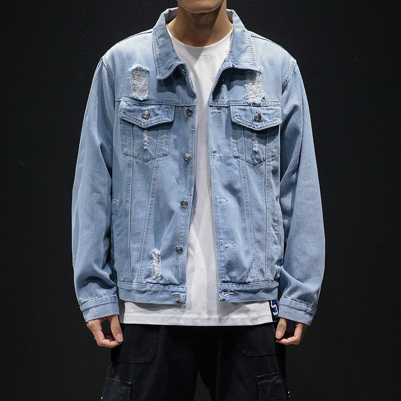 Men Light Blue Denim Jackets Holes Jean 