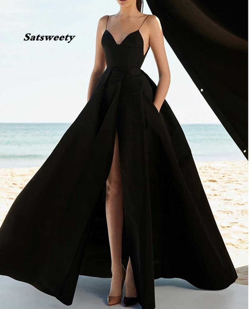Compra Vestidos De Noche Musulmán Negros Alta Ranura Satin Spaghetti Straps  Sweetheart A Line Long Dress Dress Borgoña Vestidos Barato | Entrega Rápida  Y Calidad | Es.Dhgate