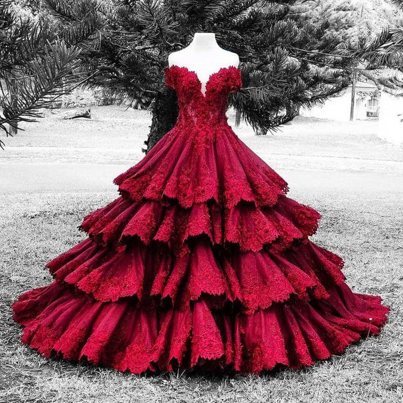 Vintage Dark Red Ball Gown Gothic Colorful Wedding Dresses Off The Shoulder Beaded Lace Appliques Satin Colored Bridal Gowns Luxury Custom Wedding Dresses 2014 Wedding Dresses Online From Totallymodest 149 16 Dhgate Com Dark red black evening ball gowns strapless corset back long formal. vintage dark red ball gown gothic