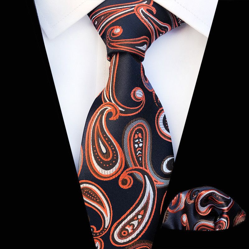 Mens Jacquard Woven Silk Orange Black Brown Plaid Tie Hanky Cufflinks Sets