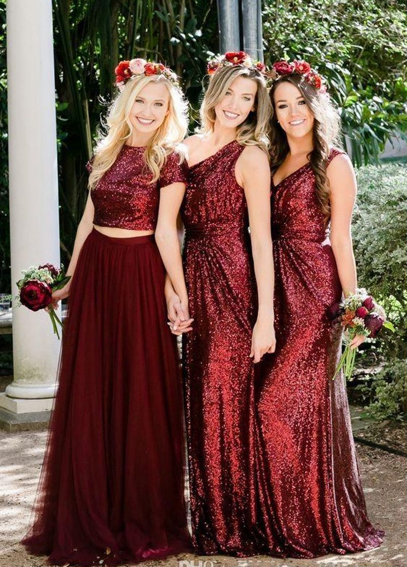 MACloth Sheath Sequin Rose Gold Maroon bridesmaid dresses red gold bridesma...