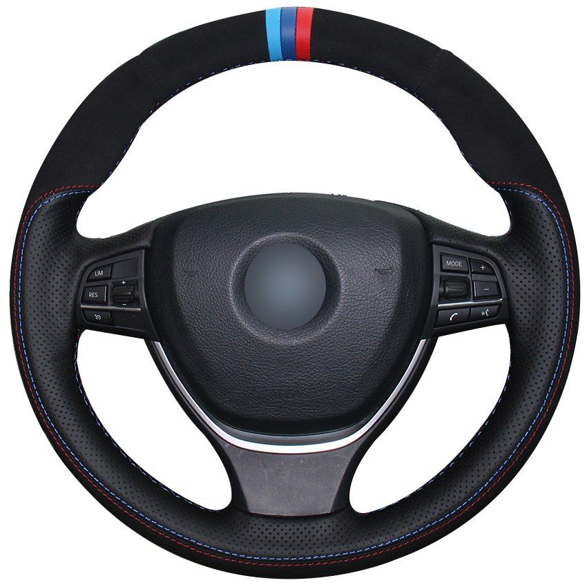 Black Natural Leather Black Suede Car Steering Wheel Cover For BMW F10