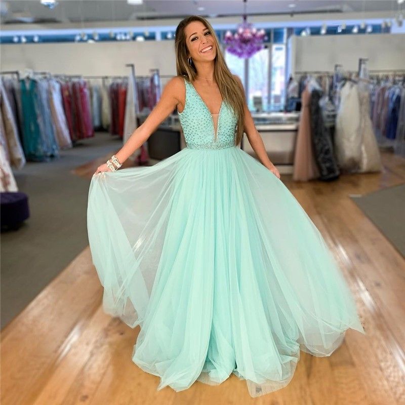 New Mint Green Prom Dresses Long V Neck Backless Sweep Train Major Beaded Tulle Skirts Formal New Mint Green Prom Dresses Long V Neck Backless Sweep Train Major Beaded Tulle Skirts Formal