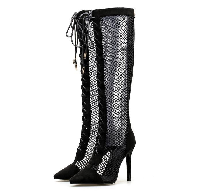 electrodo Empuje solapa botas altas de las mujeres atractivas de los altos talones de rejilla negro de malla de electrodo Empuje solapa botas altas de las mujeres atractivas de los altos talones de rejilla negro de malla de