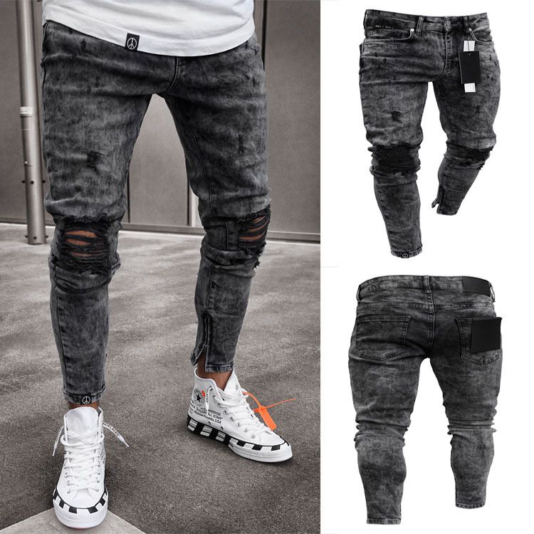 Compre 2019 Jeans Delgados De Los Hombres Romificado Hole Denim Pantalones  De Mezclilla Pies Delgado Pantalones Stretch Pants Hip Hop Street Pantalones  A 16,14 € Del Bida Amy | Es.Dhgate.Com