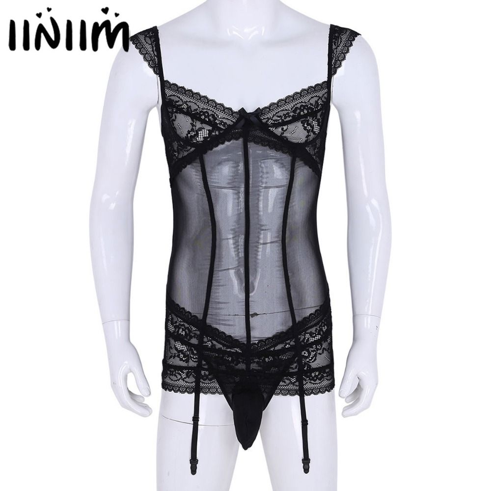 Compra Para Hombre De Malla Transparente Wetlook Ver A Través De Crossdress Conjunto  De Lencería De Encaje Correas Slip Hommes Mariquita Macho Ligas Mini  Vestido Con La Ropa Interior Barato | Entrega