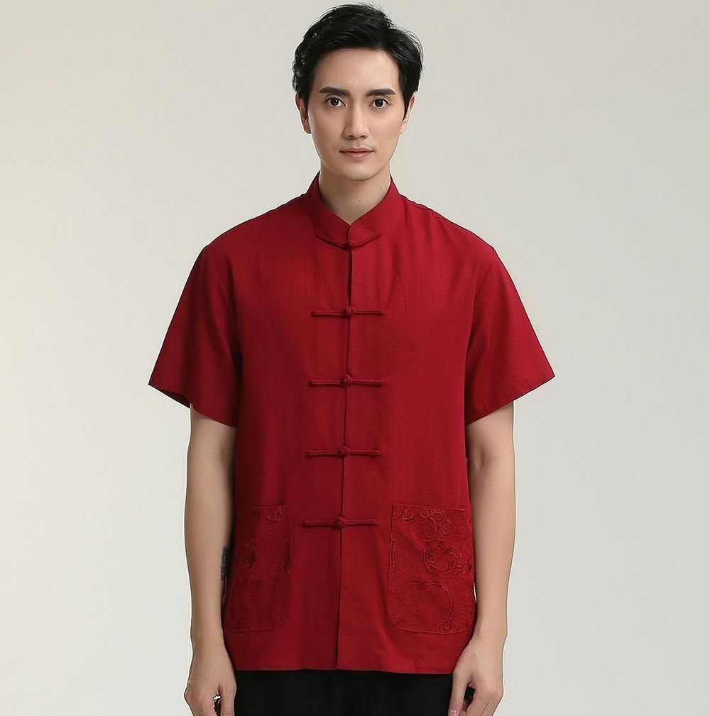 red mandarin collar dress