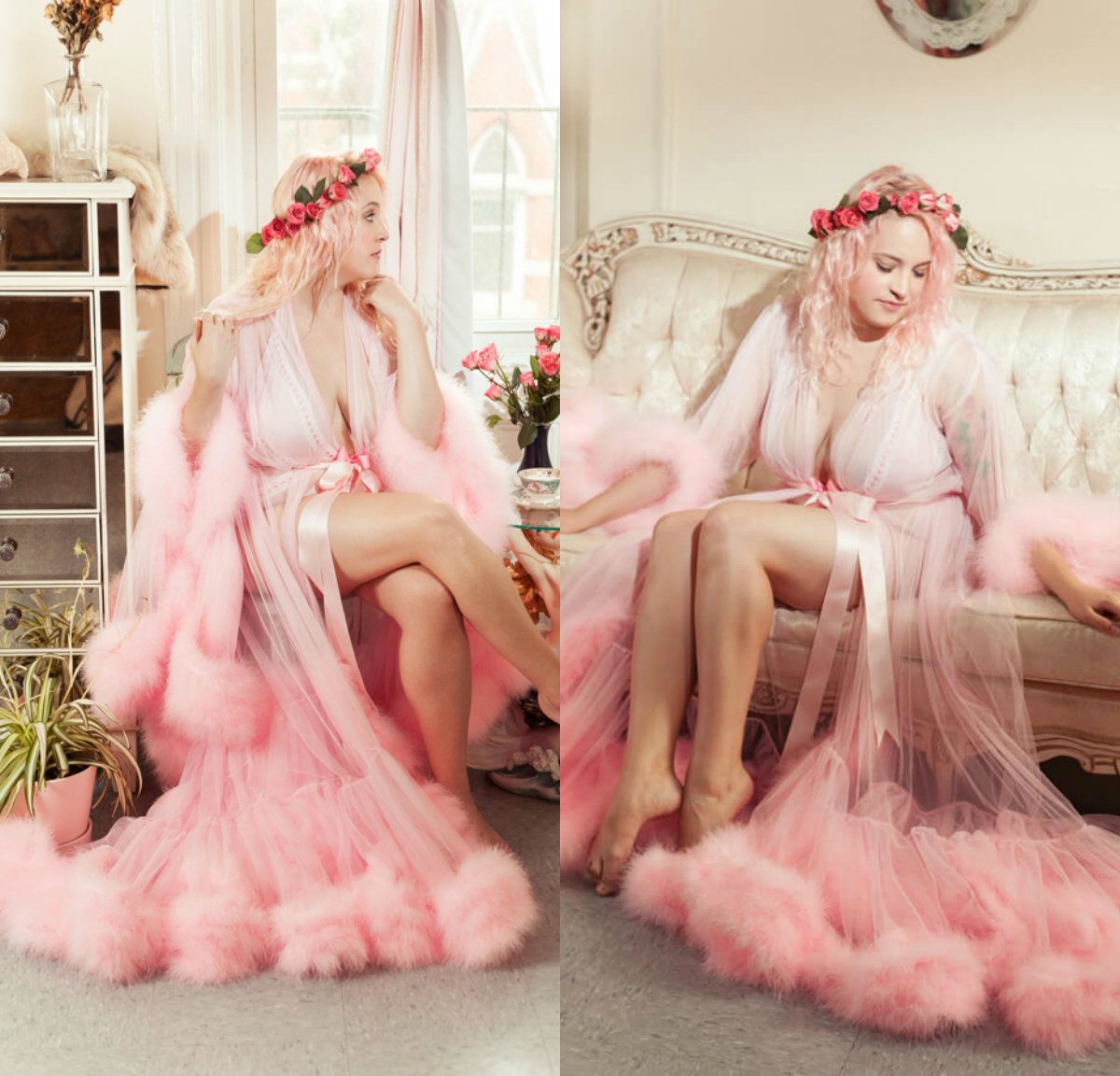 Pink Robe De Mariée Sexy Women Bathrobe 