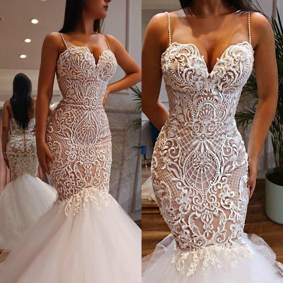 spaghetti strap lace mermaid wedding dress