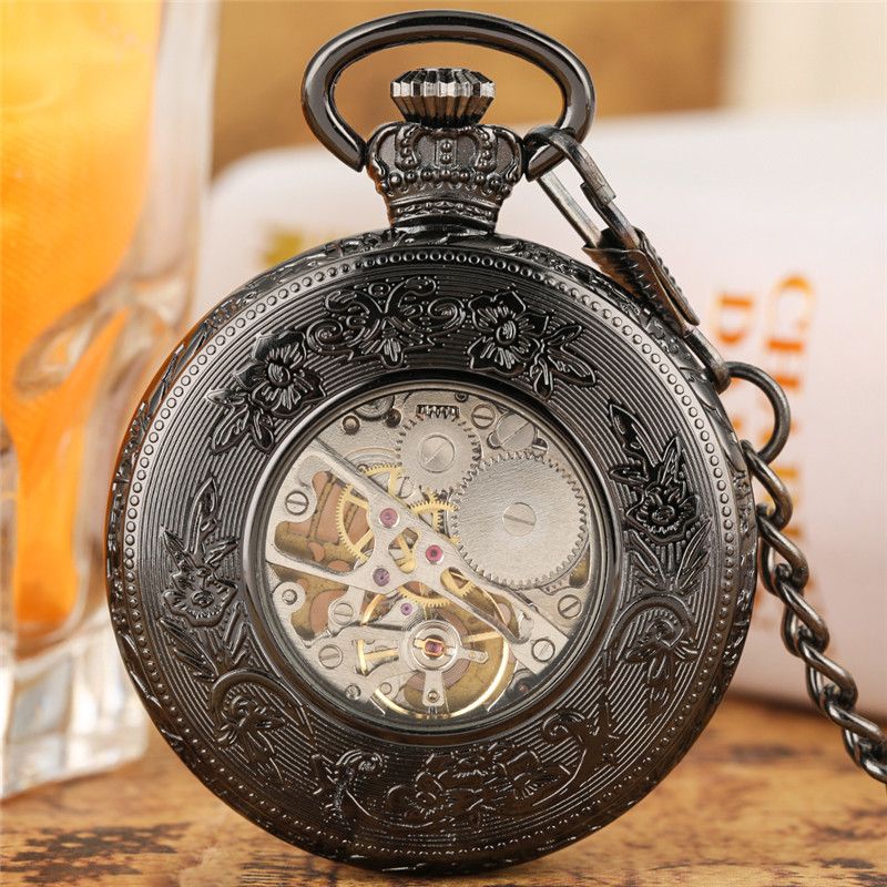 Pocket Watch Roman Numeral 1pc Gold Skeleton Engraved Single Flap