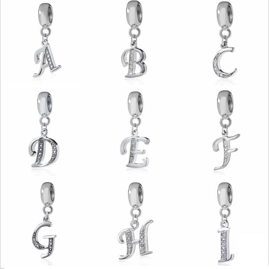 DALRAN 925 Sterling Silver with Cubic Stones Initial A-Z Letter Charm Alphabet Dangle Beads for Bracelets Necklaces 