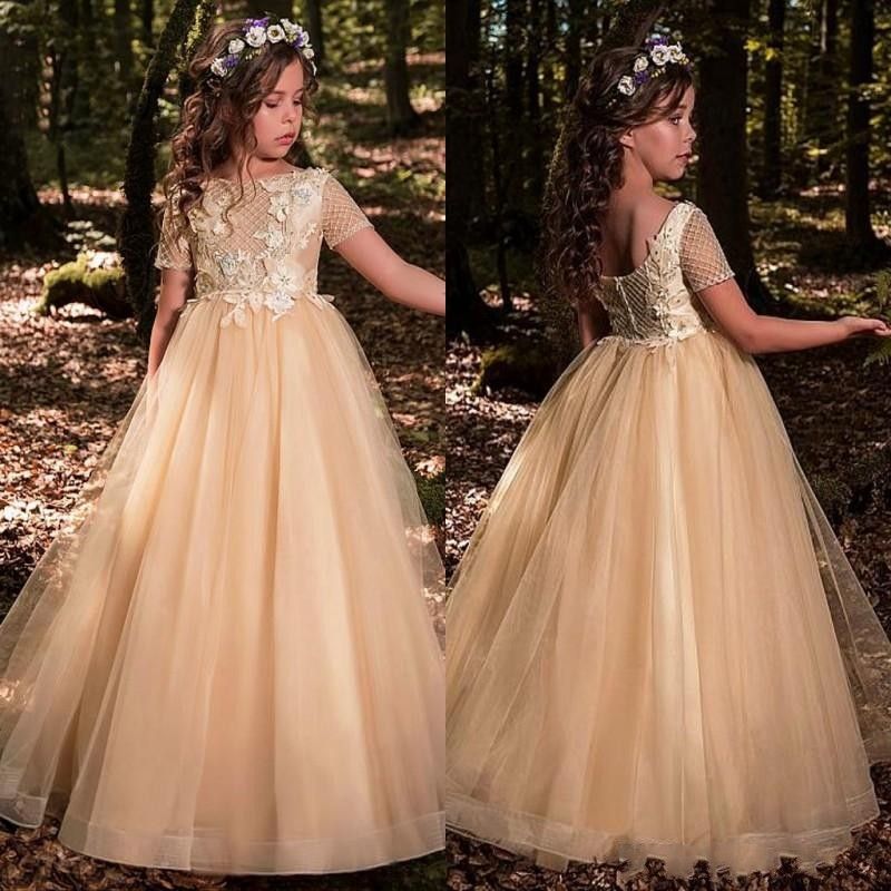 New Champagne Flower Girls Dresses For Weddings Jewel Neck Tulle