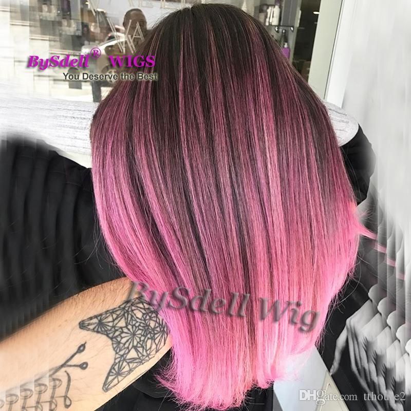 New Mermaid Highlight color wig Synthetic Wigs Online Black Roots Ombre Pink  Hair Colour Neat Bang fringe style wigs for Black White Women