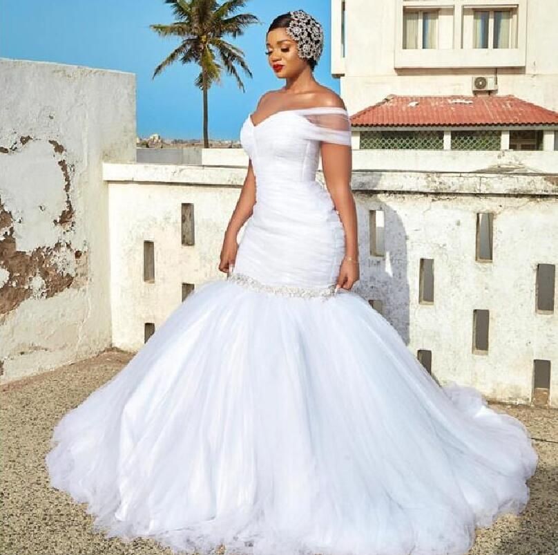 Pure White 2021 Mermaid Wedding Dresses Ruffle One ...