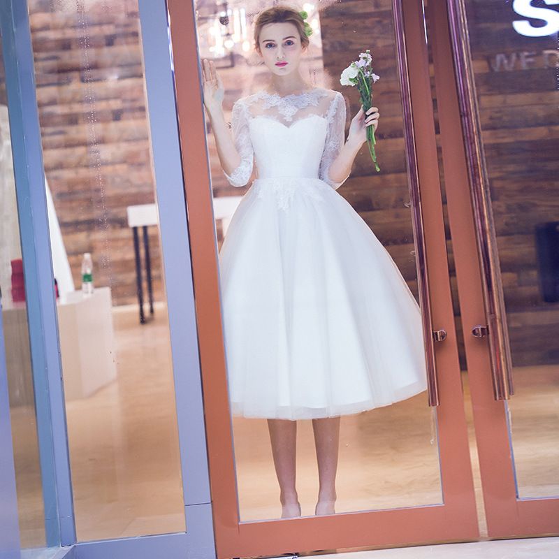 Short Ball Gown Wedding Dresses With Half Sleeves 2019 Knee Length