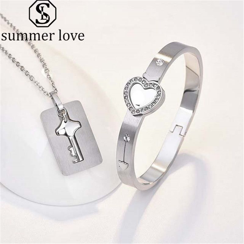 Carweilon Heart Lock Love Bracelet Bangle Key Chain Necklace Pendant Lover Jewelry Set for Couple Men Women