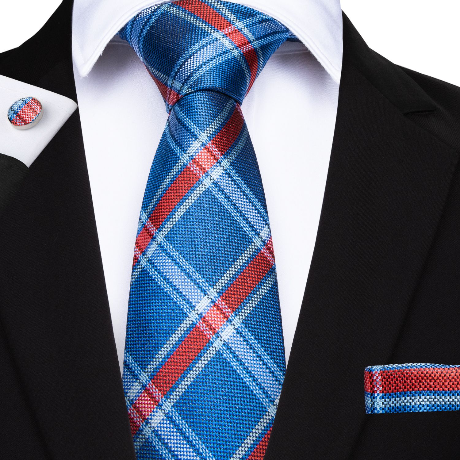 2020 Hi Tie Classic Blue Tie With Red Stripe Sets Hanky Cufflinks 100% ...
