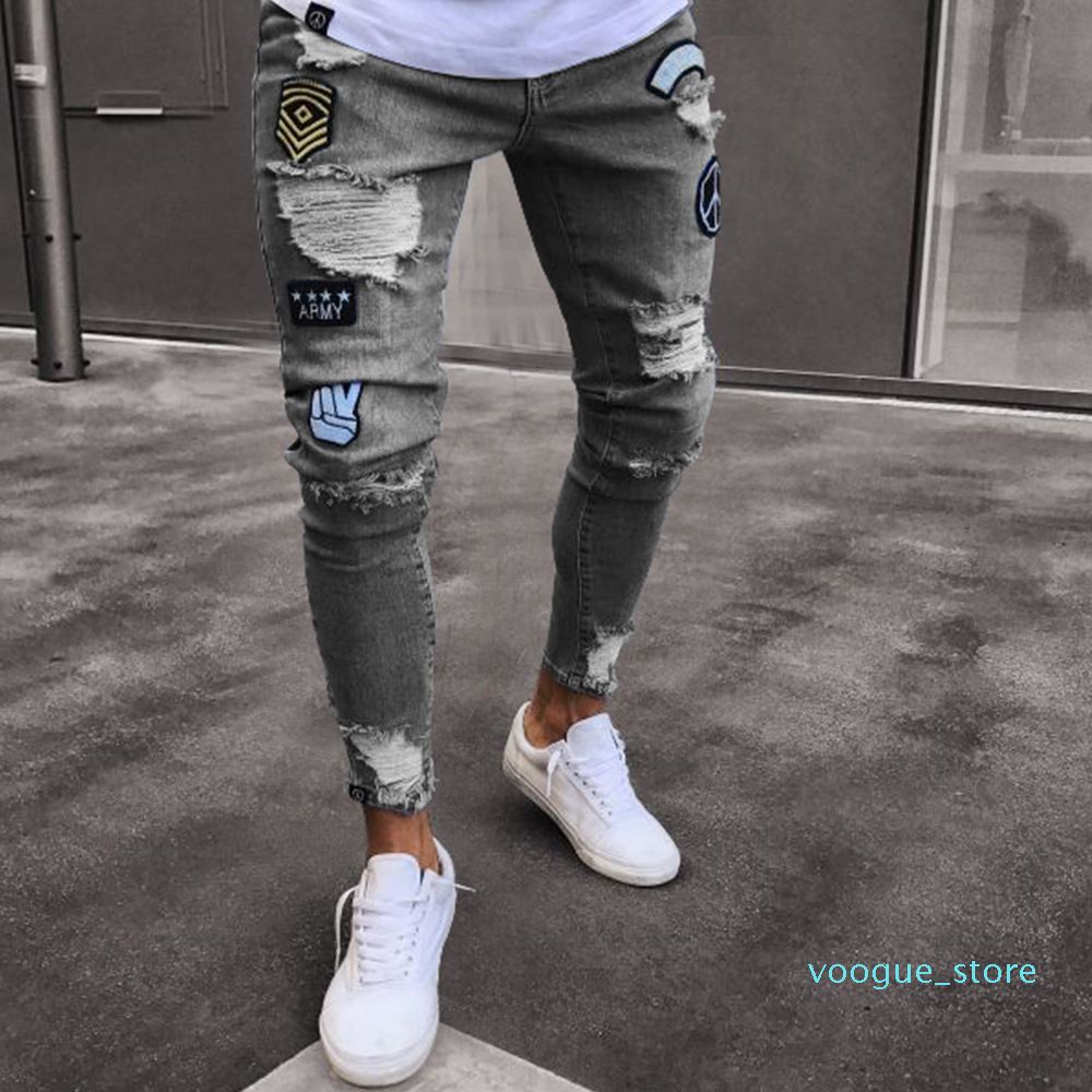 Compra Moda Para Hombre Skinny Jeans Ripped Destroyed Denim Jeans Slim Fit  Stretch Denim Hip Hop Insignia Cool Bordado Lápiz Pantalones Más Tamaño Tro  Barato | Entrega Rápida Y Calidad | Es.Dhgate
