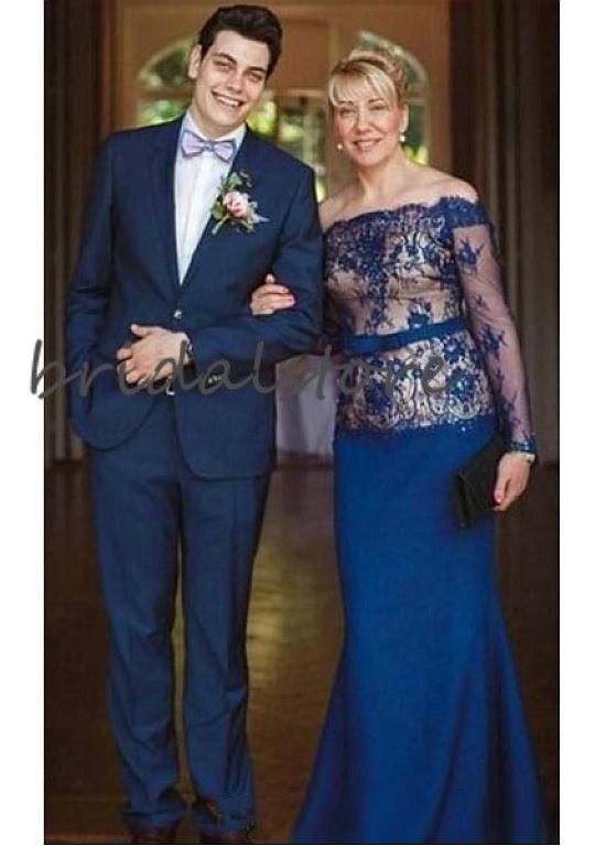 Vintage Navy Blue Mother Of The Bride Dresses Mermaid Plus Size Long Mom Evening Gowns Boat Neck Lace Long Sleeve Groom Mother Dresses Dresses For The Mother Of The Bride Mother Of