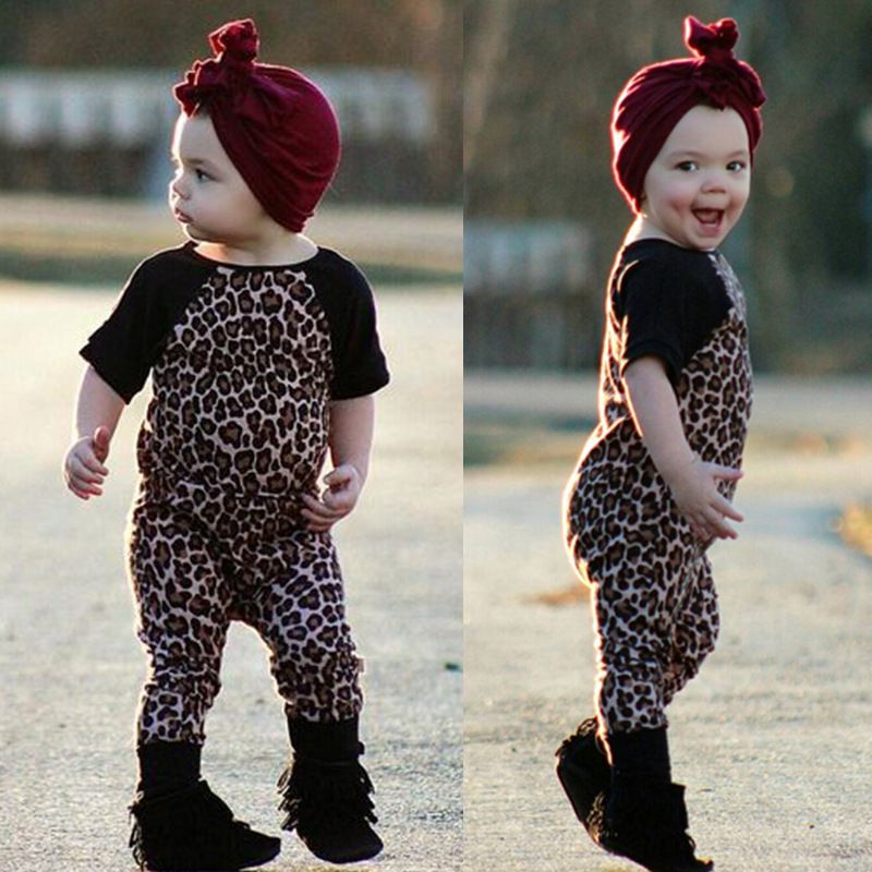 2Pcs Nouveau-né Baby Girl Leopard Combinaison Bandeau vêtements Volants Manches Courtes 