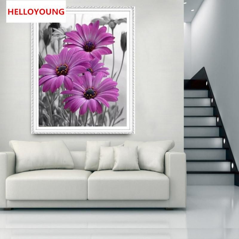 Compre Diy 5D Diamante Bordado Flores Lila Margaritas Ronda 