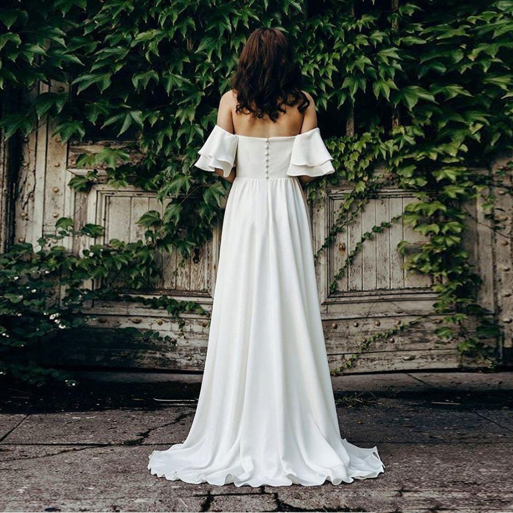 Discount Charming Off Shoulder White Beach Wedding Dresses With