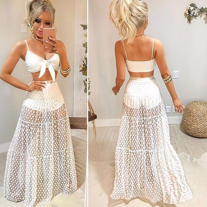 Compre 2019 Mujeres Playa Verano Malla Polka Dot Falda Cintura Alta Maxi  Falda De Encaje Blanca Club Sexy Malla Transparente Punto Largo A 19,86 €  Del Tielian | Es.Dhgate.Com
