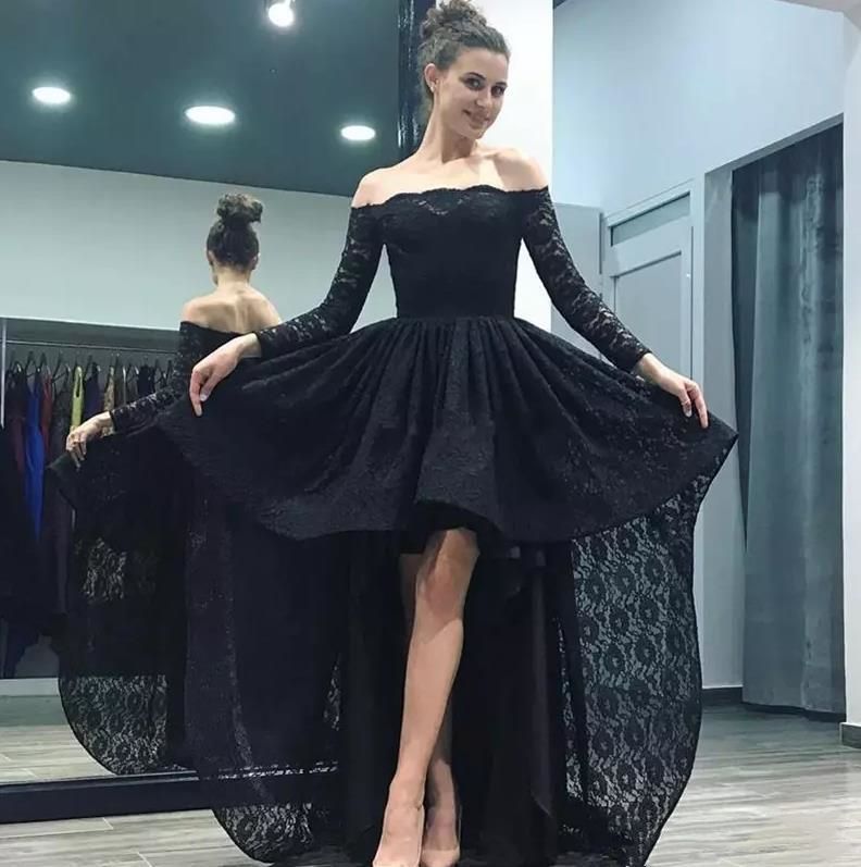 Black Lace High Low Prom Dresses Long 