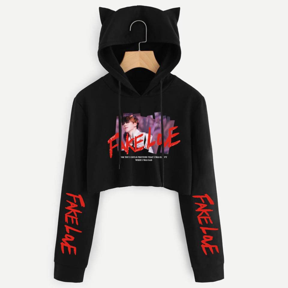 Mujeres Kpop BTS Crop Top Hoodie BTS Love Sudadera Con Capucha Recortada Con Orejas De Gato Fakelove Hoody Girls Cat Ear Ropa De 33,07 € |