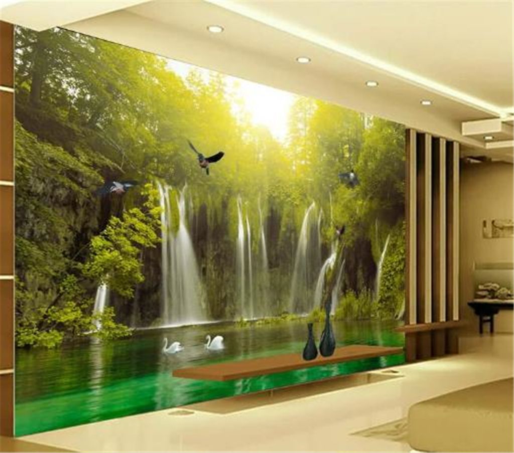 Wallpaper 3d on the wall HD beautiful Landscape Waterfall Woods Scenery  Living Room Bedroom Background Wall