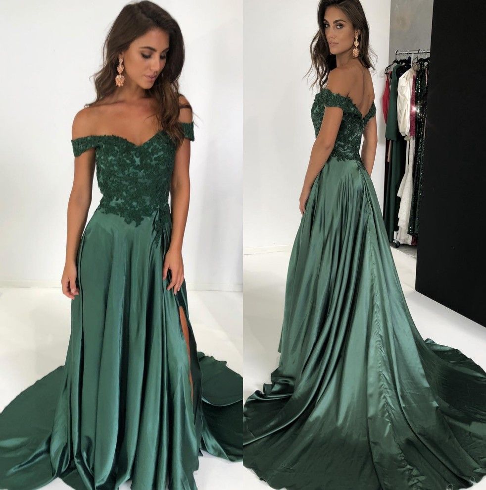 Dark Green Off The Shoulder Satin Long Bridesmaid Dresses 2019 Lace Top