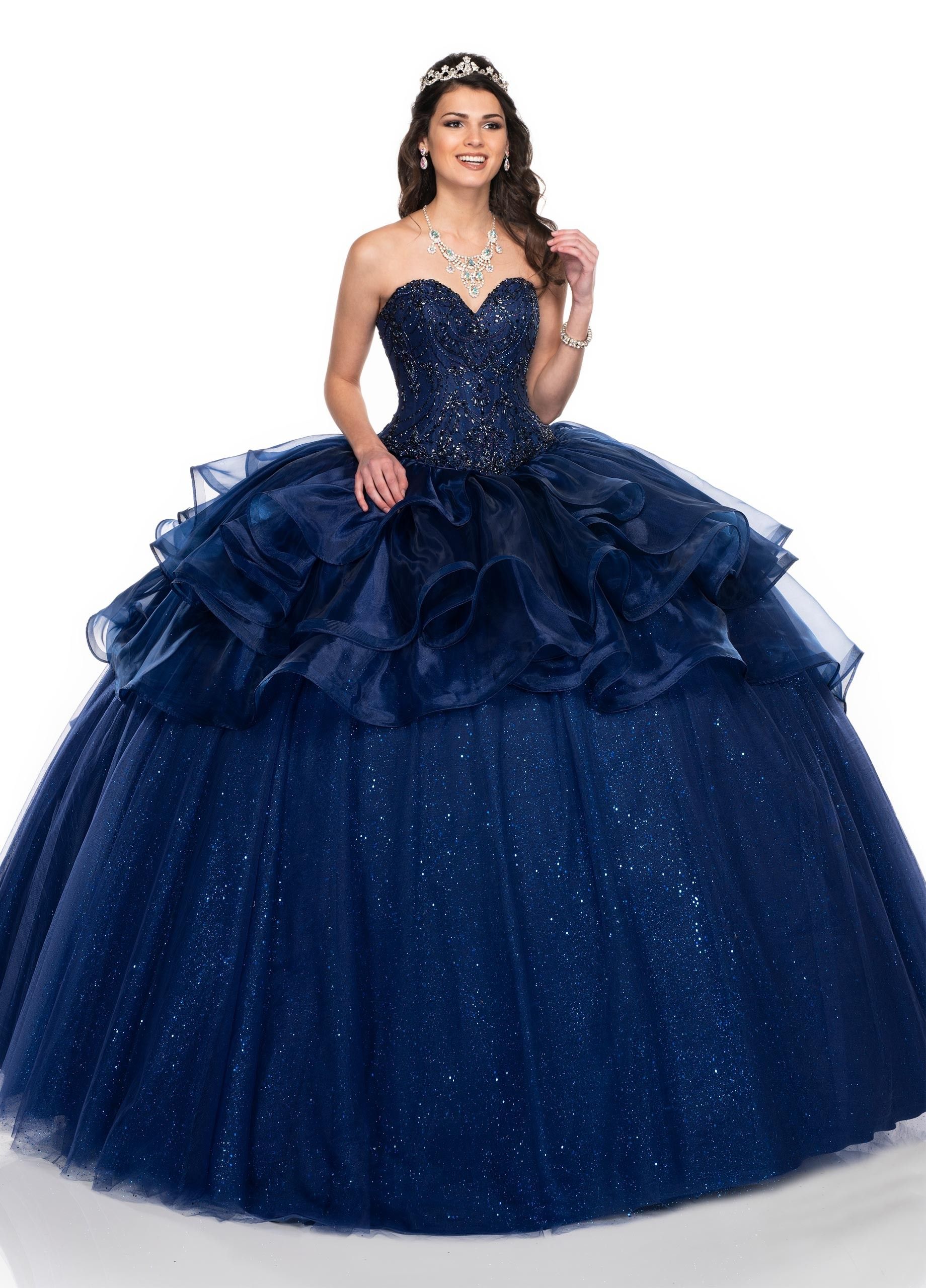 2020 Bling Navy Blue Ball Gown Ruffles Cheap Quinceanera Prom Dresses Sweetheart Sweet 15 Dress Crystal Organza Masquerade Evening Gown Quinceanera