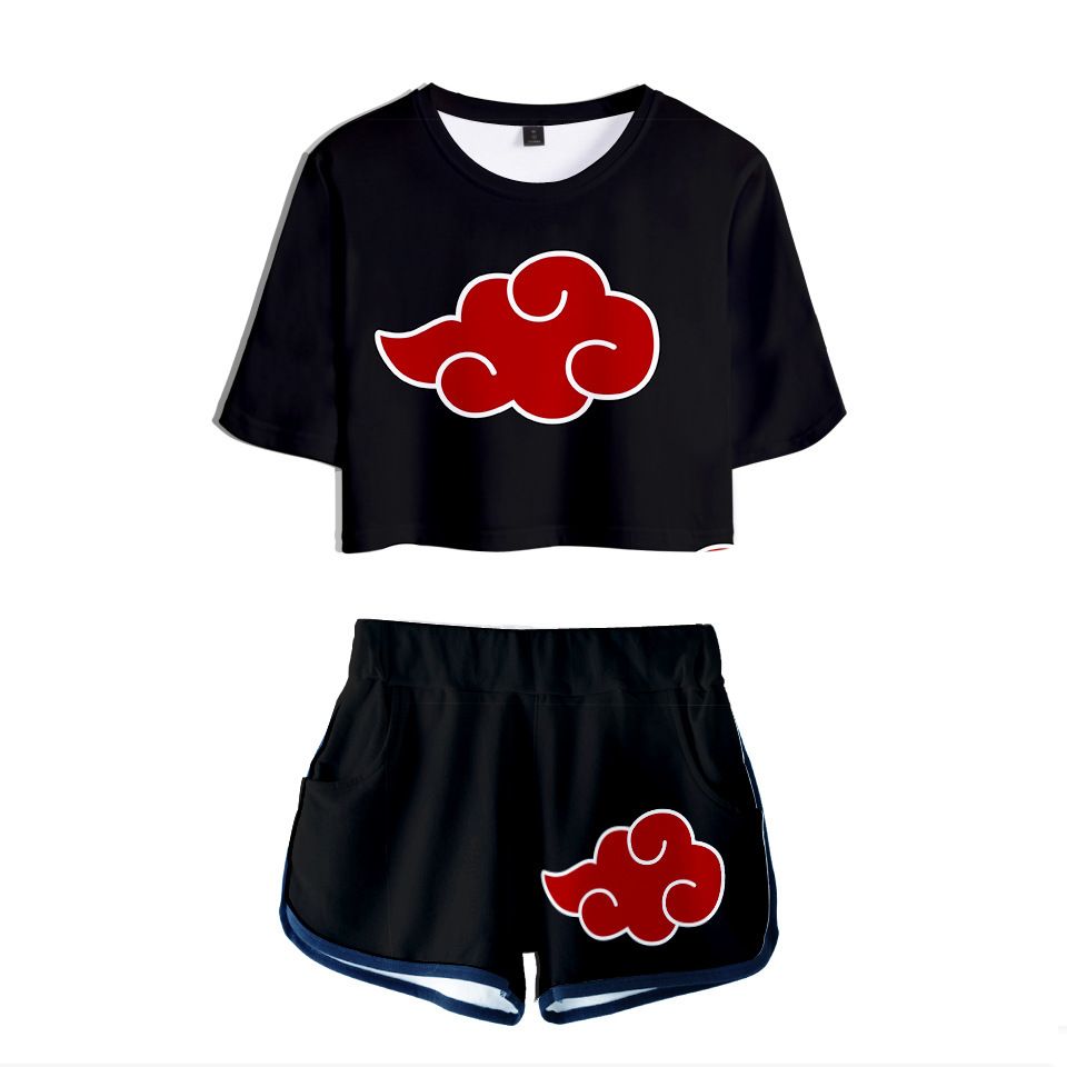 Memoryee Fashion 3D Digital Anime Naruto Print Crop Top T-Shirts and Shorts Clothes Set Two Piece Suit for Girls and Women Sportswear