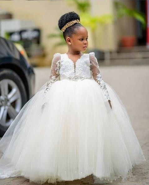 2020 Royal White V Neck Flower Girls Dresses For Wedding With Illusion Long Sleeves Ball Gown For Black Girls Cheap First Communion Dress Black Flower