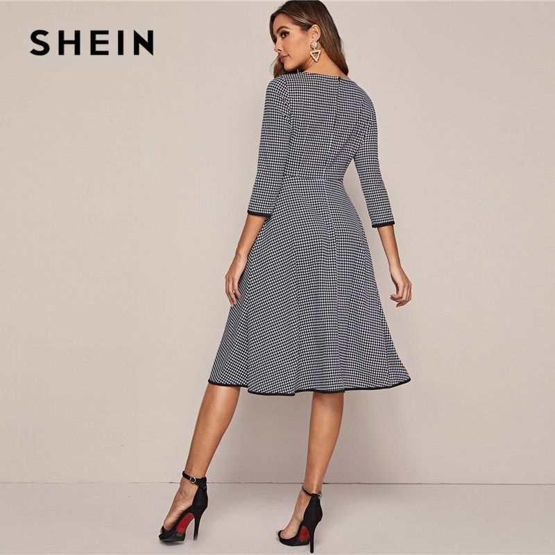 Acquistare Shein Bianco E Nero Vestito Elegante Houndstooth Senza Cinghia  Donne 2020 Molla 3/4 Delle Signore Del Manicotto Una Linea Vestiti Midi  Economico | Consegna Veloce E Qualità | It.Dhgate