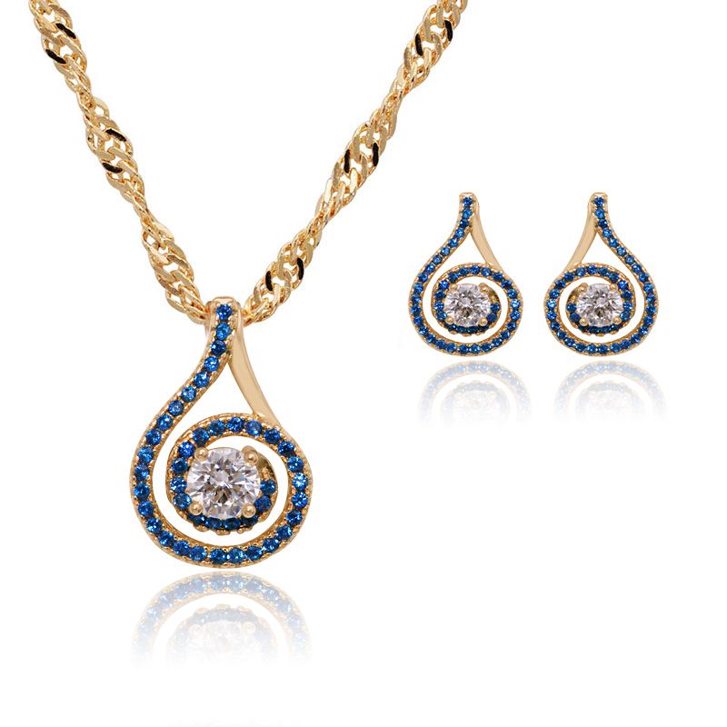 Woman 18K Yellow Gold Filled Pearl Zircon Jewelry Set Pendant Necklace Earrrings