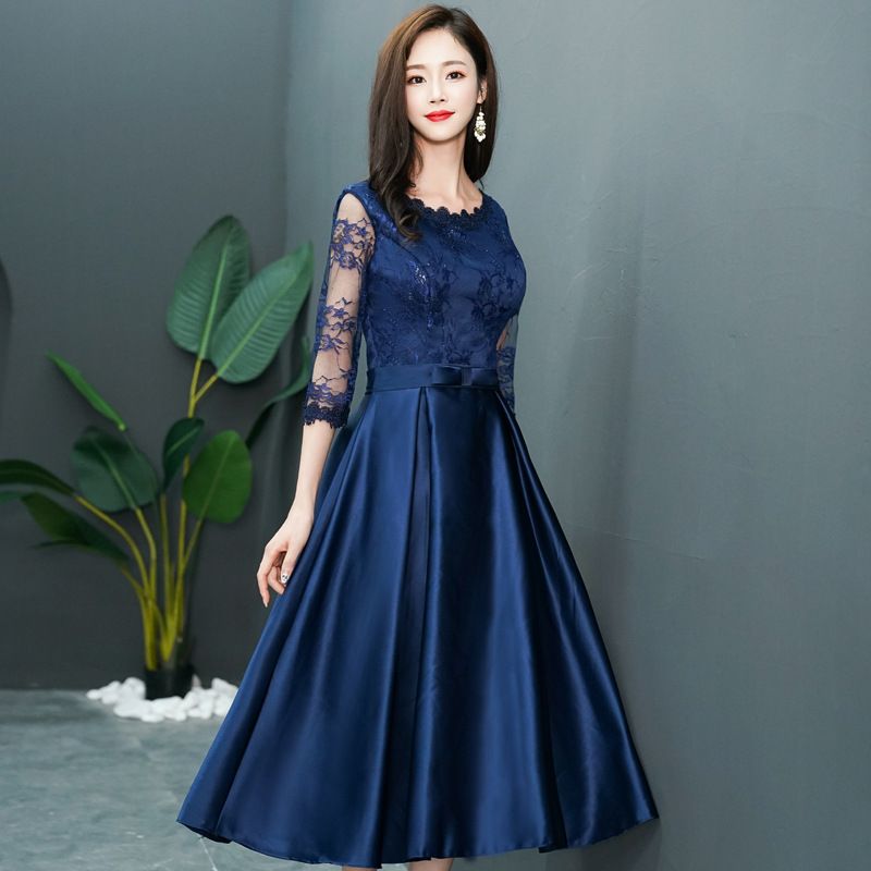 Compra Manga Vestido Azul Marino Largo Una Línea De Noche Elegante Vestido  De Fiesta De Cuello Redondo Del Cordón Largo Hi Lo Vestido Del Partido  Vestidos Para Ocasiones Especiales Vestido De Noche