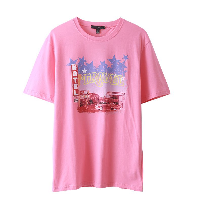 T-shirt da donna in cotone T-shirt Stampata Pink Tee Shirt 2020 New Fashion Spring Estate T-shirt casual T-shirt Streetwear Tees Top Manica corta Camicette a maniche corte