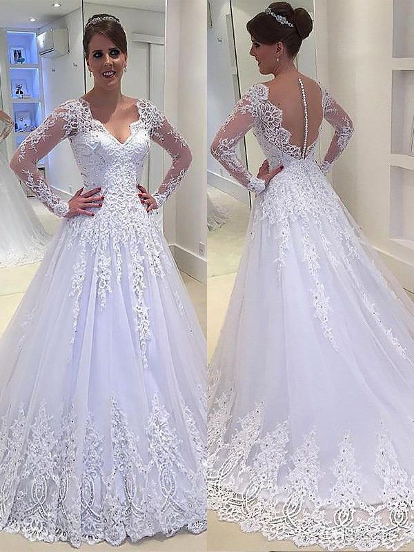 Discount 2019 Illusion Long Sleeve Wedding Dresses Bridal