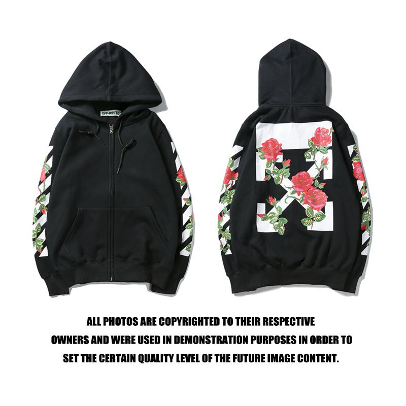 OFF Embroidered Rose Flower Zip Hooded 