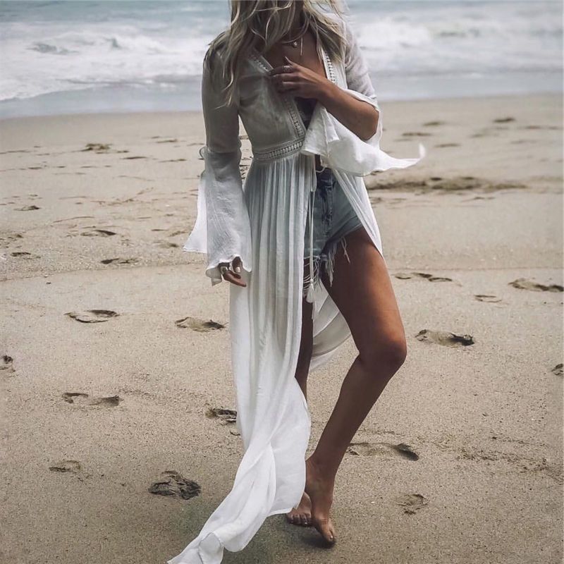 Ashgaily 2019 vestido de cubrir túnicas para playa largo Bikini cubrir hasta bordado sólido Sarong