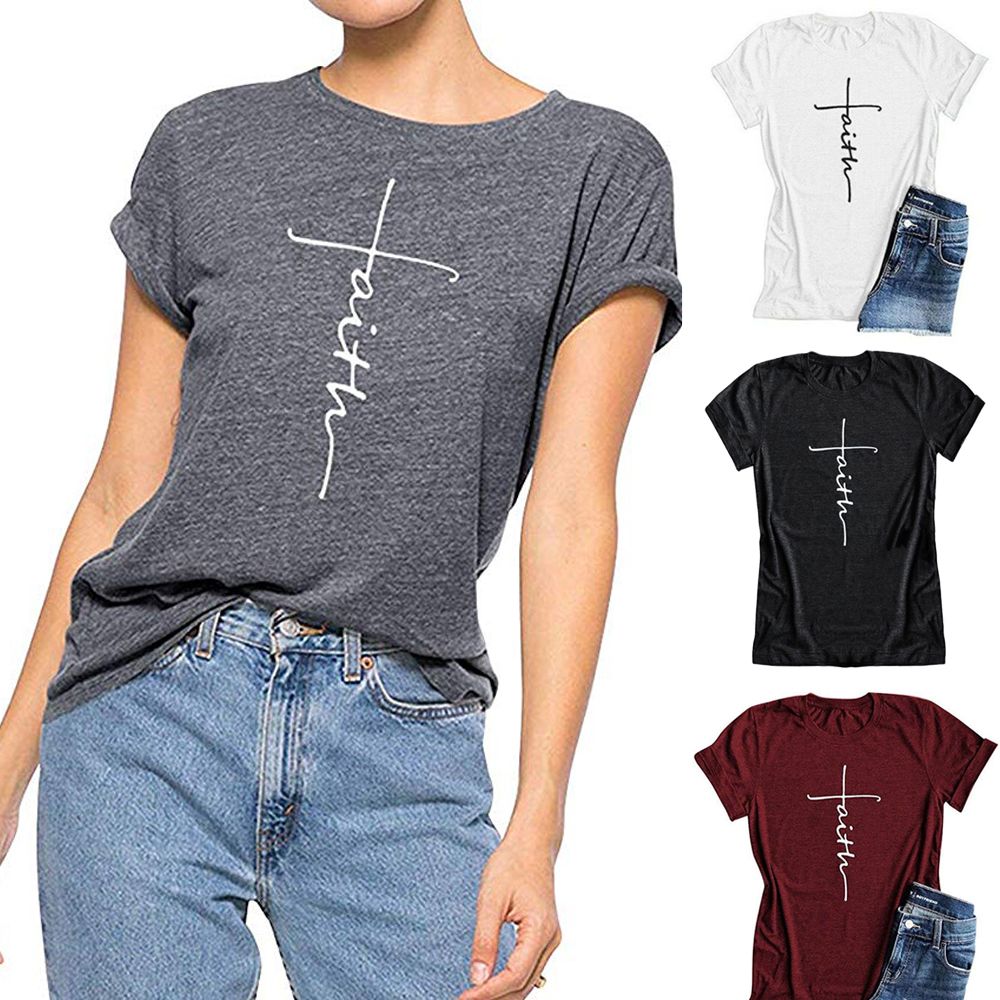 2020 Women Fashion Cross Faith T Shirt Causal Jesus Letter Printed T ...