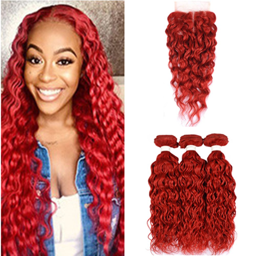Pure Red Malaysian Wet And Wavy Human Hair 3bundles With Closure
