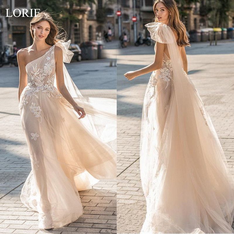 Compra Delicados Vestidos De Novia De Encaje De Tul De Champán Bohemio Con  Un Solo Hombro Espalda Abierta Aplique Con Envoltura Vestidos De Novia De  Tul Transparentes Baratos Barato | Entrega Rápida