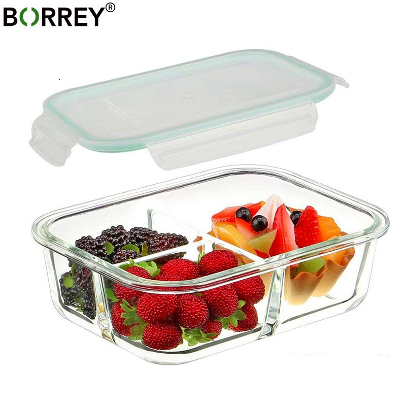 Borrey 1000ml Microwave Glass Lunch Box With 3 Comparetments Food