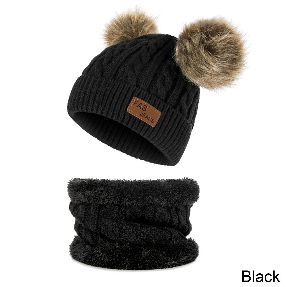 black pom pom hat and scarf