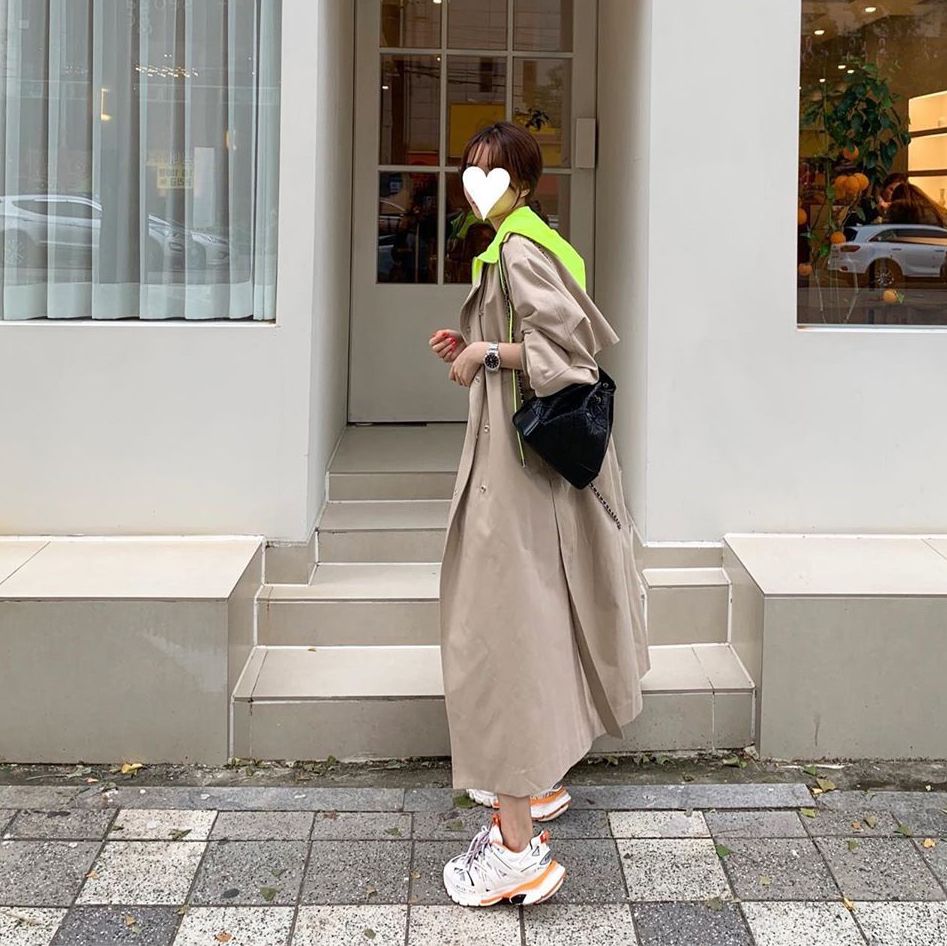 2022 Korean  Style  Women Oversized  Long Trench  Coat  Retro 