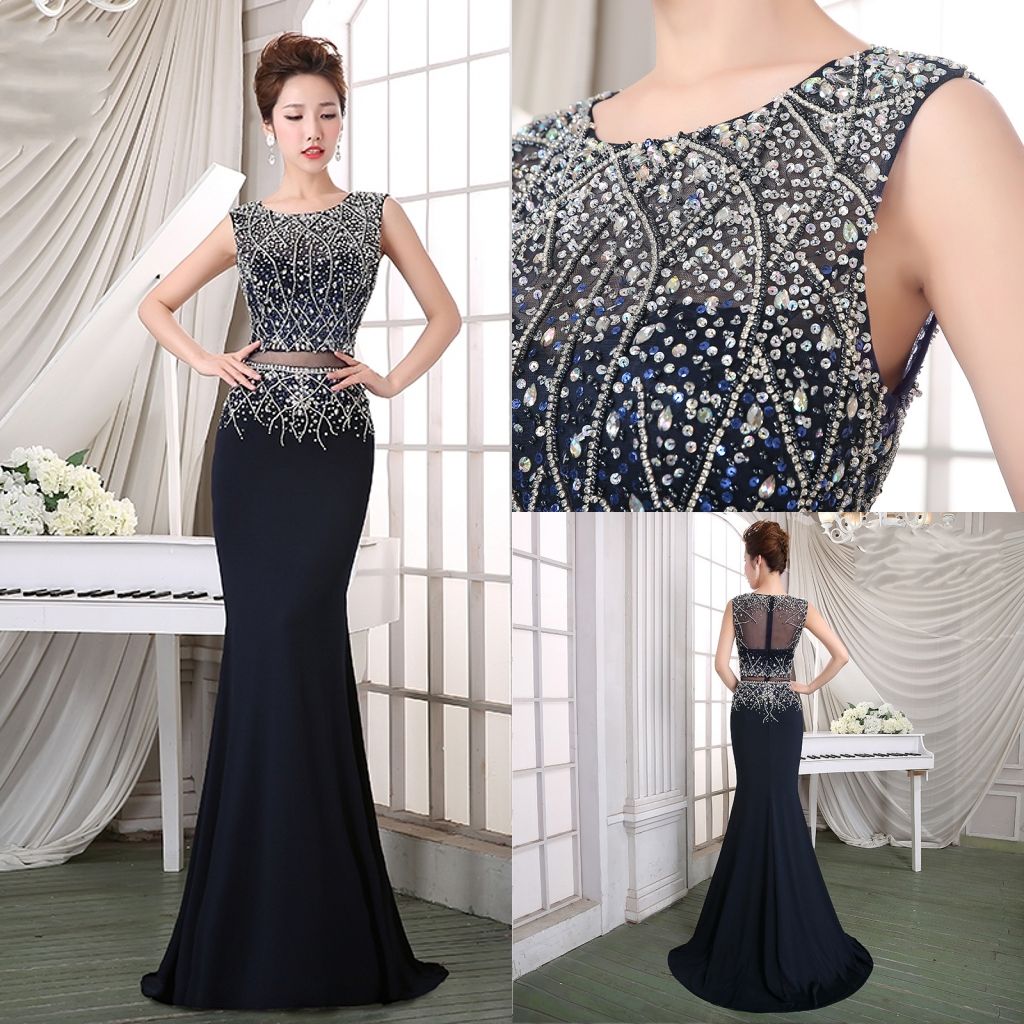 navy fishtail prom dress