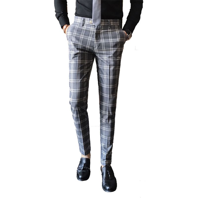2019 Men Dress Pant Plaid Business Casual Slim Fit Pantalon A