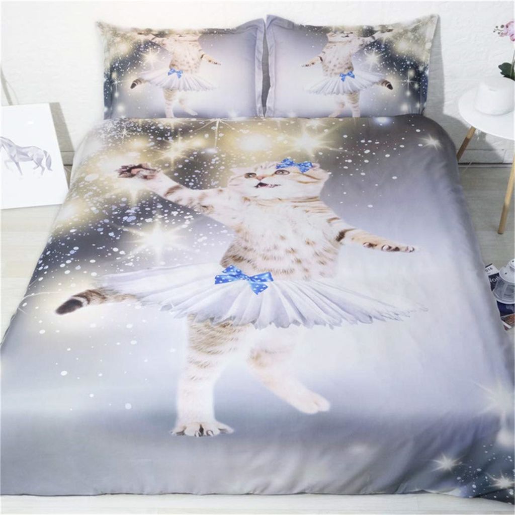 3d Galaxy Cat Print Duvet Cover With Pillowcases Bedding Set